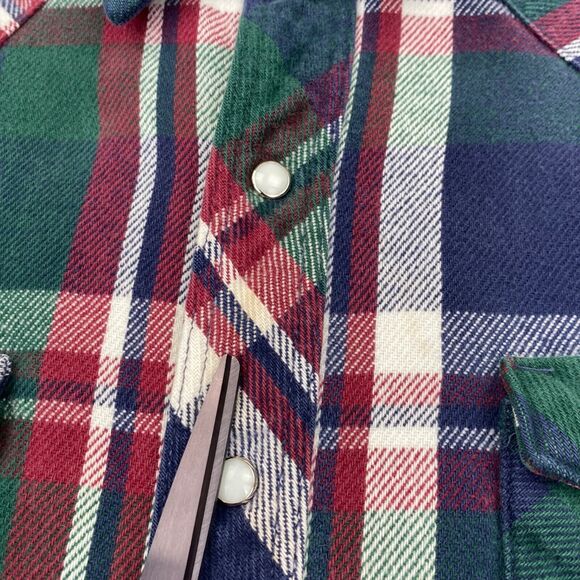 VINTAGE Wrangler Shirt Mens Medium Western Pearl Snap Long Tail Plaid Bushpopper - Picture 11 of 12